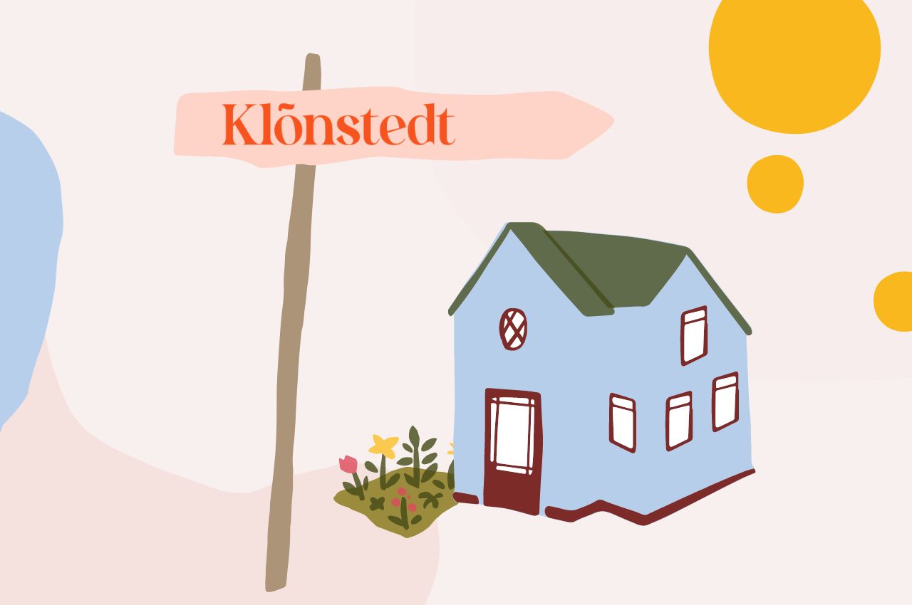 Wegweiser nach Klönstedt mit Illustration von einem Haus